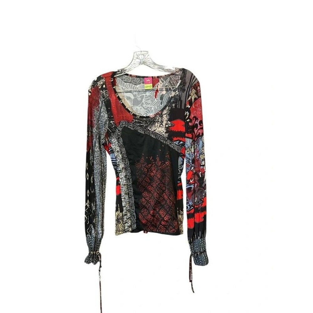 Save the Queen Italy Graphic Long Sleeve Top Black Red Women’s L Artsy Y2K